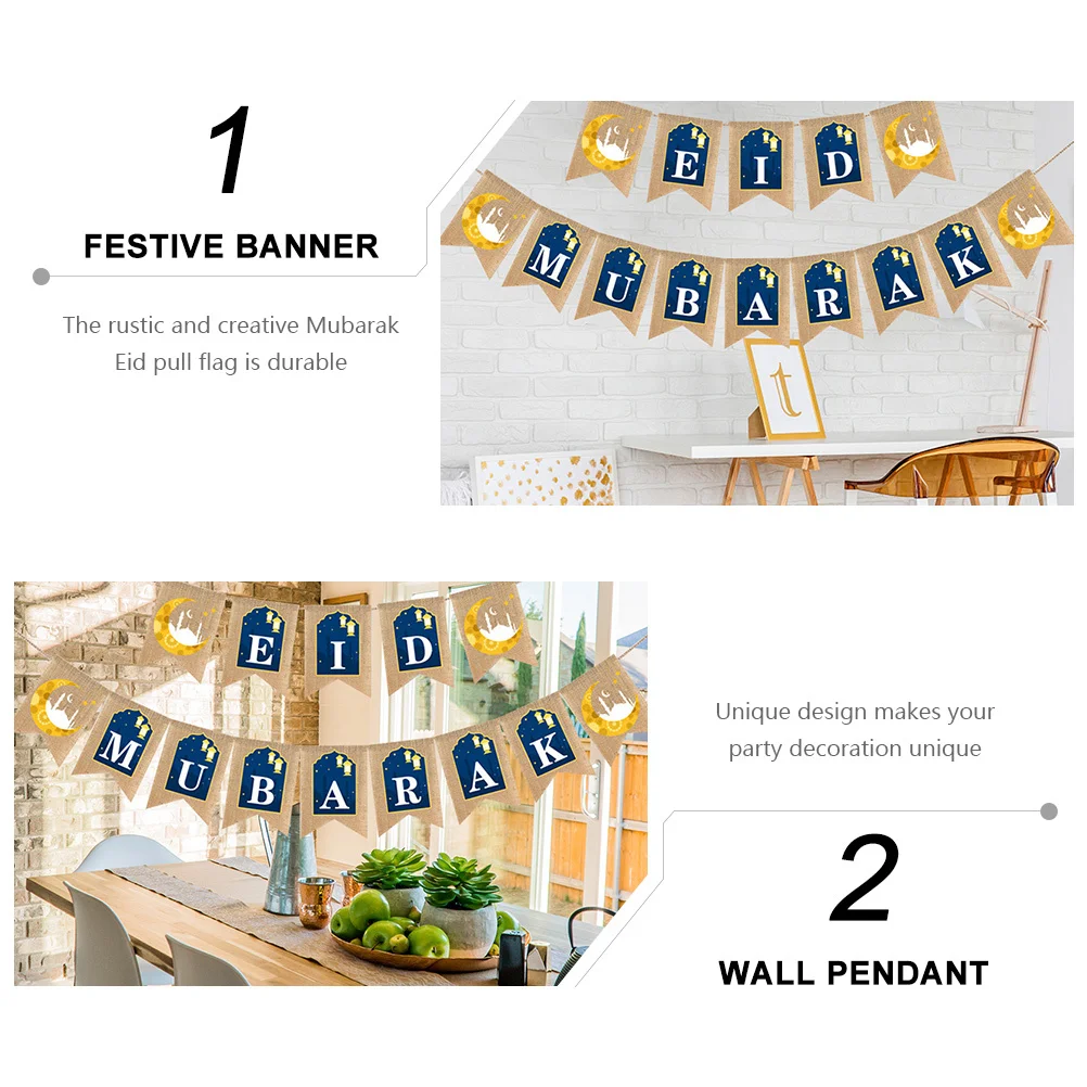

1Pair Eid Mubarak Linen Banner Decorative Bunting Party Supplies Moon Pattern Hanging Banner Perfect Eid Mubarak Decor