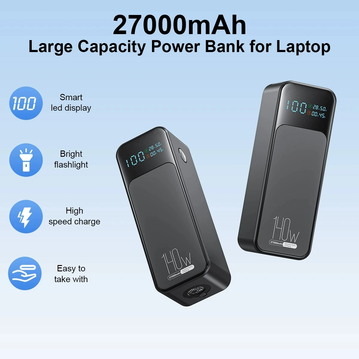 

PD140W Power Bank 27000mAh USB C Fast Charging Portable External Battery Charger for iPhone 16 Samsung Xiaomi Laptop Powerbank