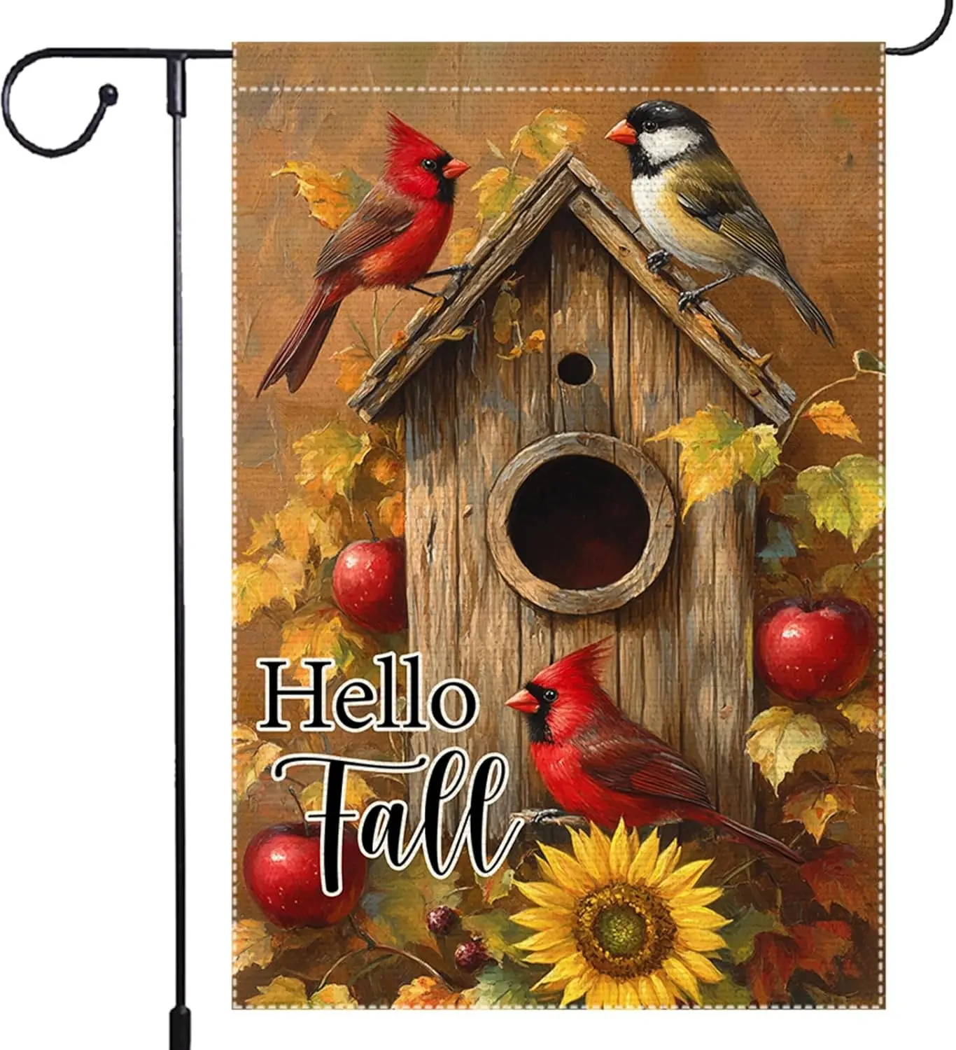 Hello Fall Cardinal Garden Flag Autumn Maple Leaves Garden Flags for Outside Small Decor Yard Lawn Birdhouse, 12 x 18 Inch D llp