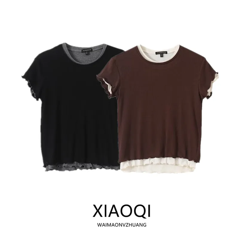 Primavera Estate Nuova T-shirt da donna Giuntura per orecchie in legno rotonda Ne ort Sve Pendolarismo Sle Stagione estiva Lunghezza regolare