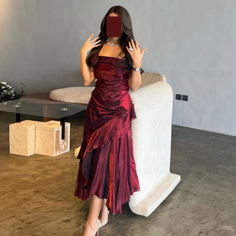 Burgundy Sexy Formal Occasion Dress 2024 Taffeta Pleat A-line Ball Gowns Sleeveless Tea-Length Evening Party Gown فساتين الحفلات