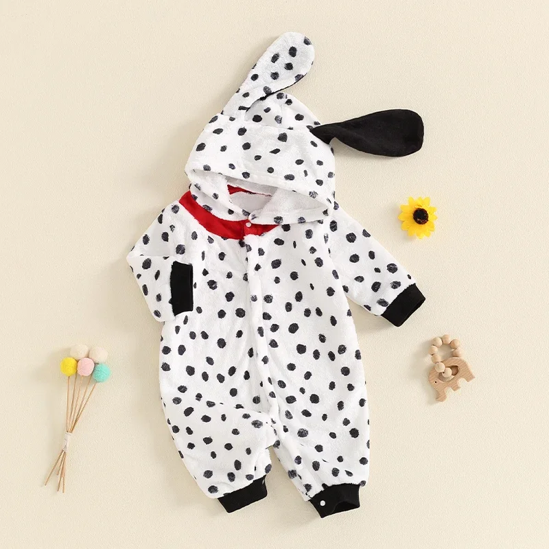 Infant Baby Winter Furry Fleece Romper Long Sleeve Hooded Dots Cosplay Cow Jumpsuit Toddler Boys Girls Costume Clothes Overall