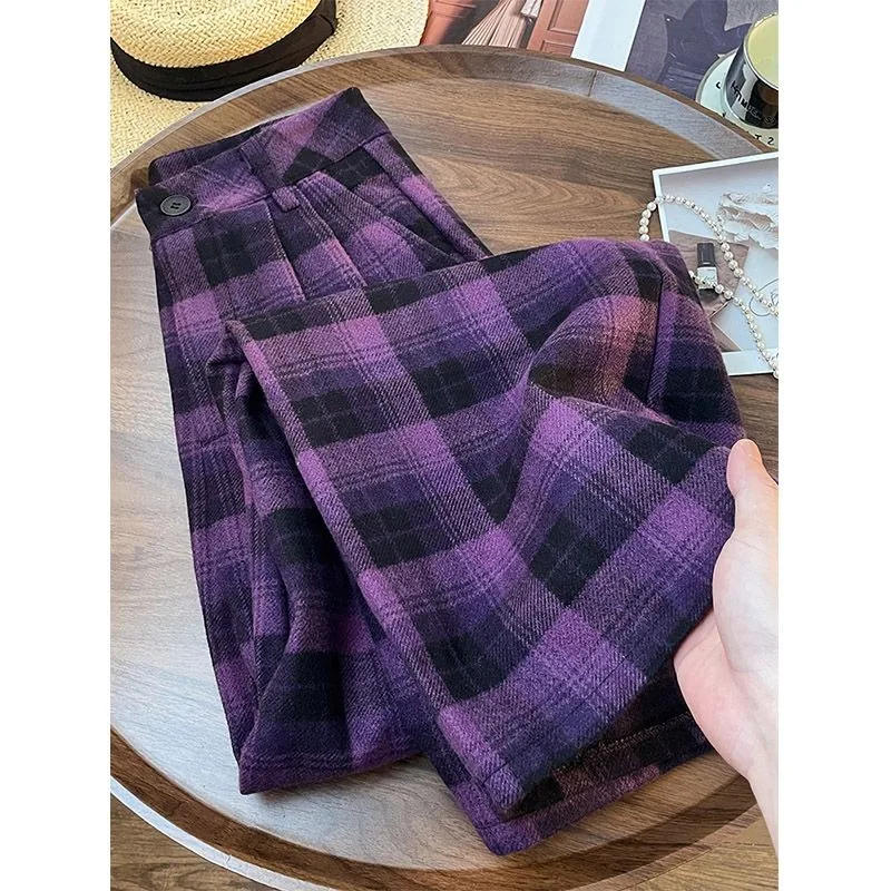 High-waisted straight-leg slimming purple checkered casual pant women laid-back style fashionable loose versatile wide-leg pants