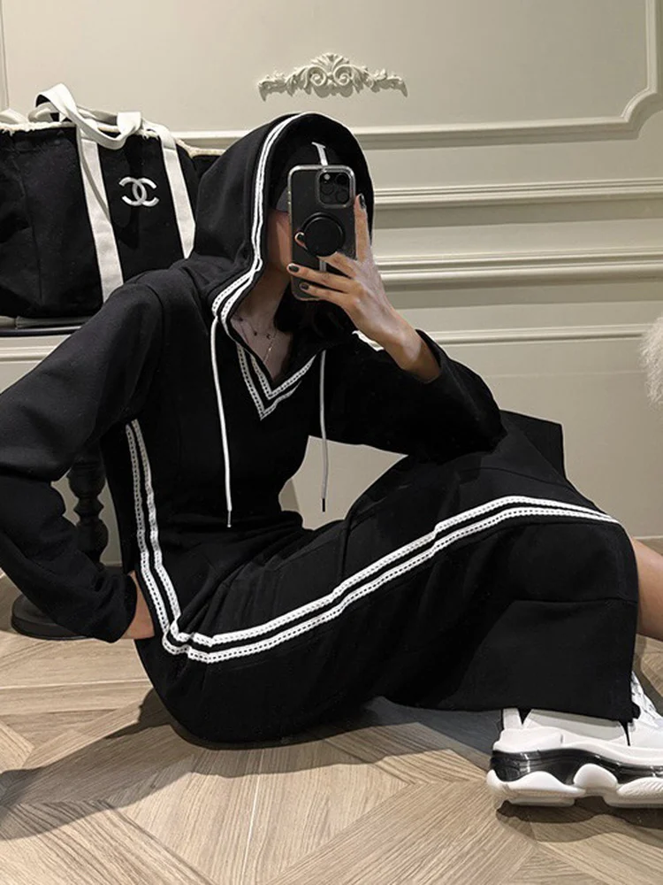 Chic Color Block Lace Trim Sweatshirt Dress Women's Drawstring Hooded Slim Fit Waist Cinched Bodycon Long Skirt Back Split