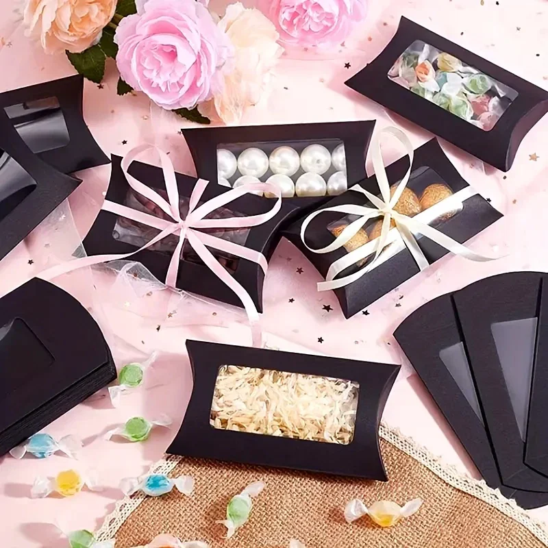 50PCS Paper Pillow Gift Box Transparent PVC Window Box Used for Birthday Parties Christmas Wedding Packaging Jewelry Candy