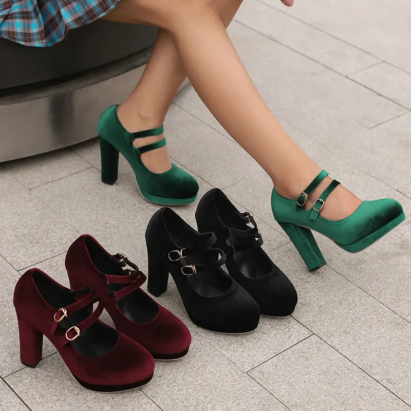 Velour Velvet Round Toe Green Burgundy Color Double Buckle Belt Block High Heels Women Pumps Platform Retro Lady Mary Janes Shoe