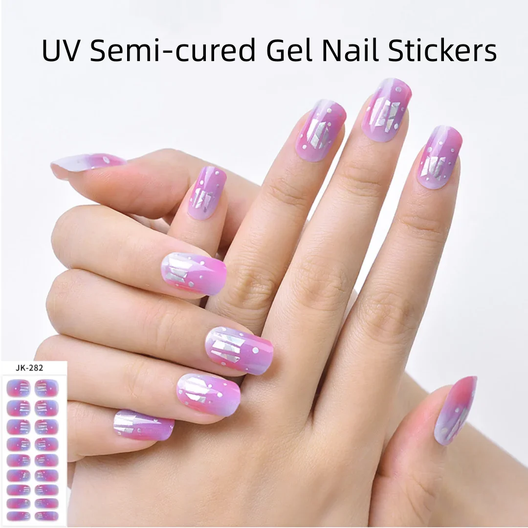 24 Tips Per Doos Uv Lamp Semi-Uitgeharde Gel Nagelsticker Babyboom Nagel Wraps Glitter Folie Volledige Dekking Nagel Strips Bloem Manicure