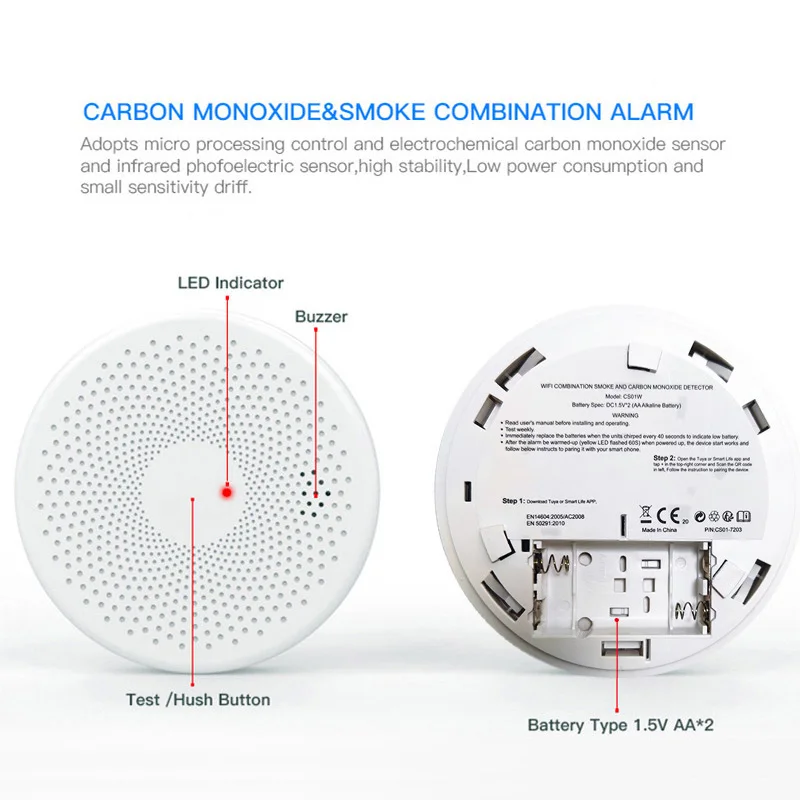 Sensor Detector de humo 2 en 1, alarma de sonido de fuego, alarma de monóxido de carbono, función WiFi, aplicación Tuya Smart Life, hogar, cocina,