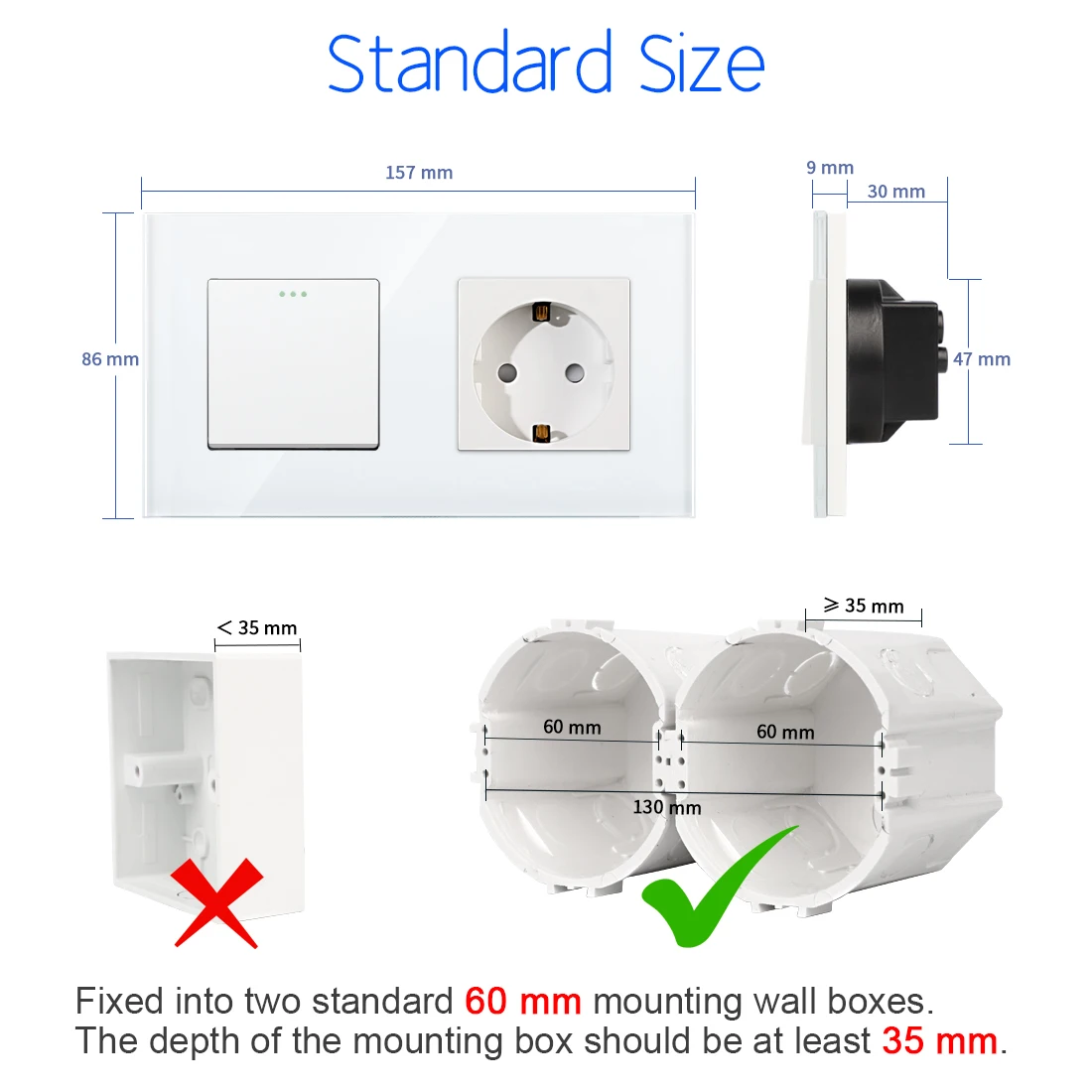 DAJIMEI 1/2/3gang Button light switch and EU Standard sockets Electrical outlet with Crystal Glass Panel for Home