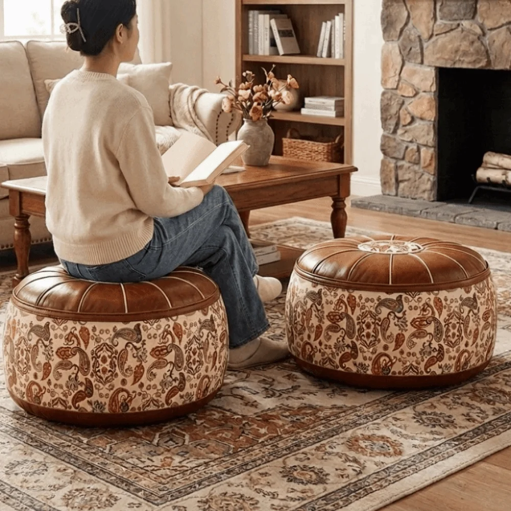 PU Leather Seat Cushion Cover Unstuffed Vintage Round Footstool Cover Waterproof Large Capacity Clothes Storage Bag Bedroom