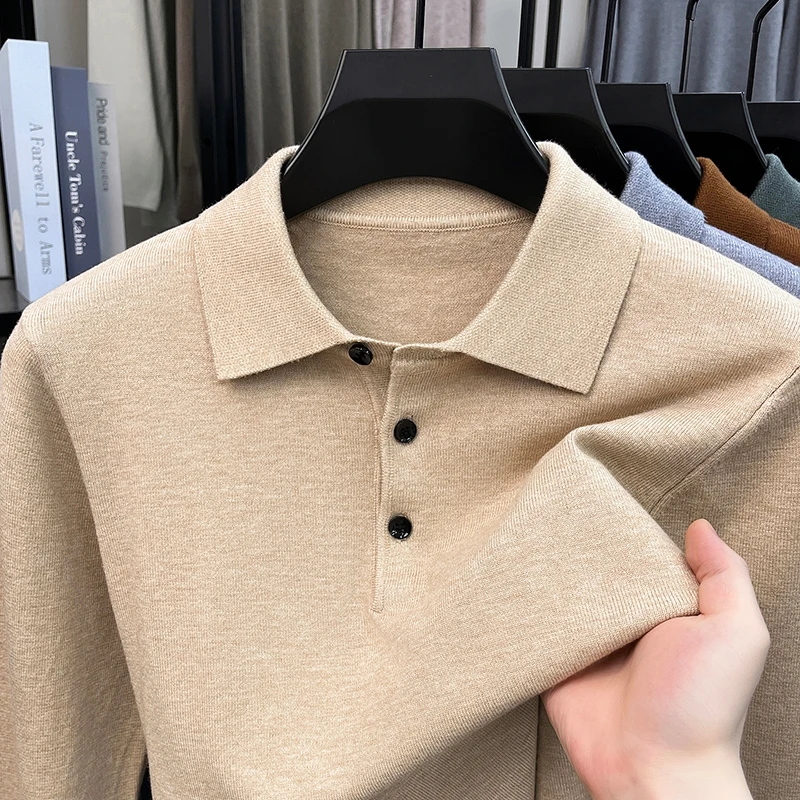 Trend Luxury Men's lapel sweater pullover new item solid color comfort soft casual autumn winter knitted long sleeve polo shirt
