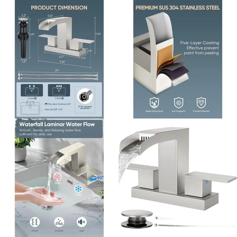 

Смеситель для раковины с 3 отверстиями, матовый никель, с выдвижным сливом, межосевое расстояние 4 дюйма, 2 ручки и 2 шланга, из нержавеющей стали без свинца