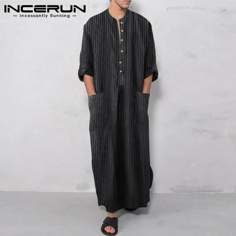 

INCERUN 2023 Muslim Style Men Robe Casual Pinstripe Stripe Long Loose All-match Kaftan Streetwear Long Sleeve Jubba Thobe S-5XL