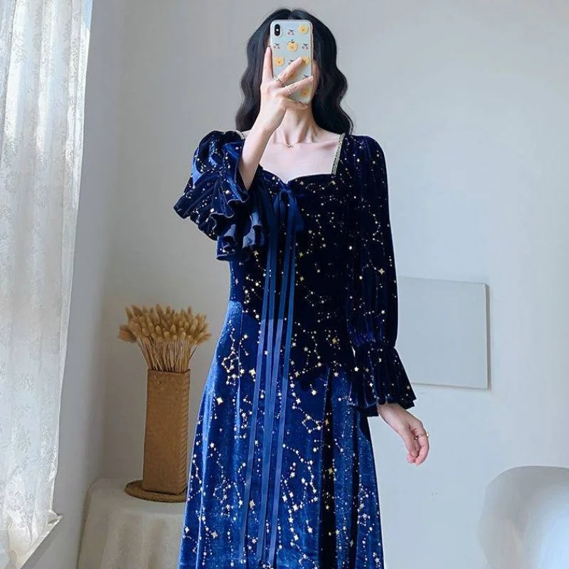 2023 Autumn Winter Women\'s New French Square Neck Gold Velvet Blue Dress Female Mid length Palace Style Temperament Small Dress