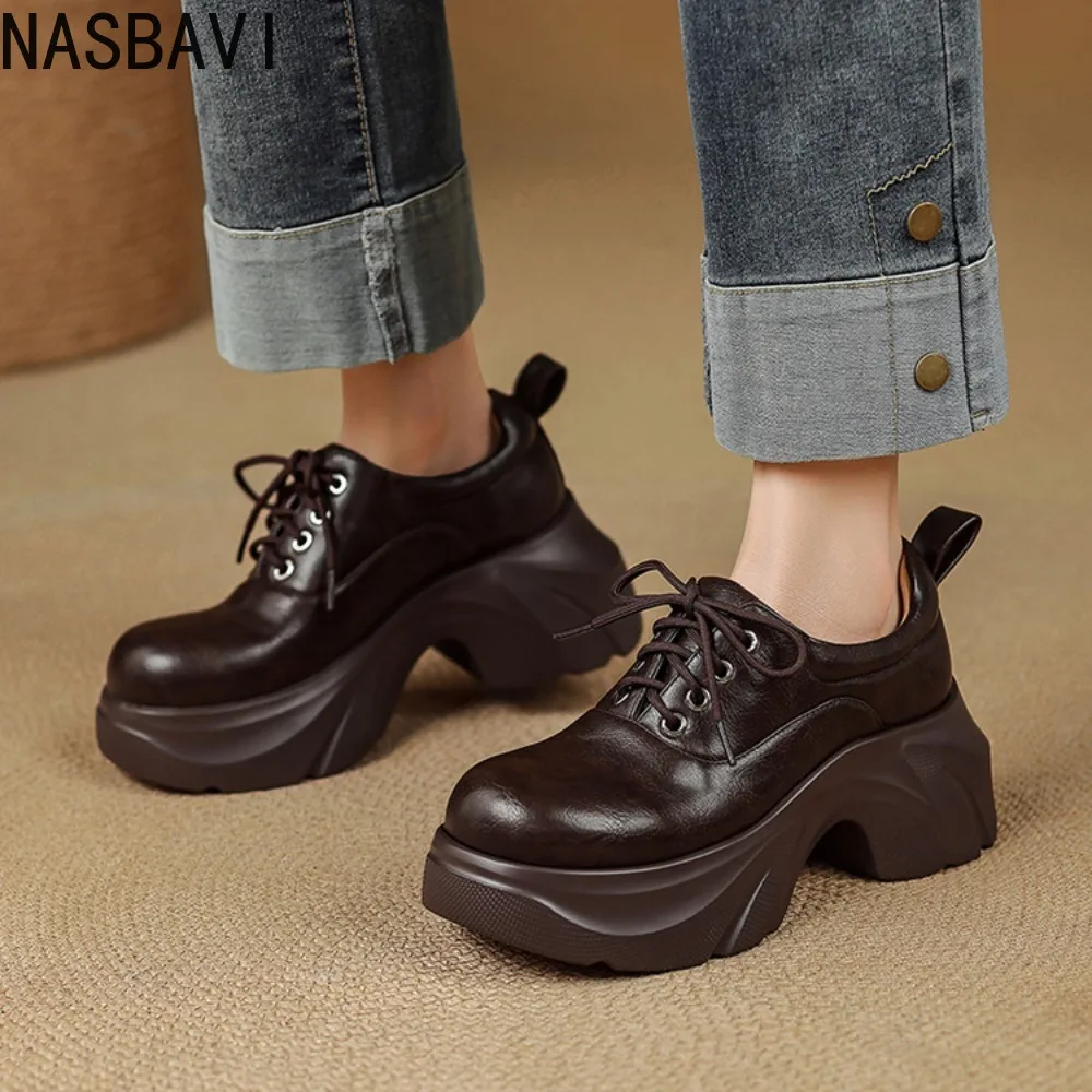 

NASBAVI Brown Women's Thick Sole Lace-Up Shoes Sturdy High Heels Comfortable Large Size Platform Female Footwear 45 46