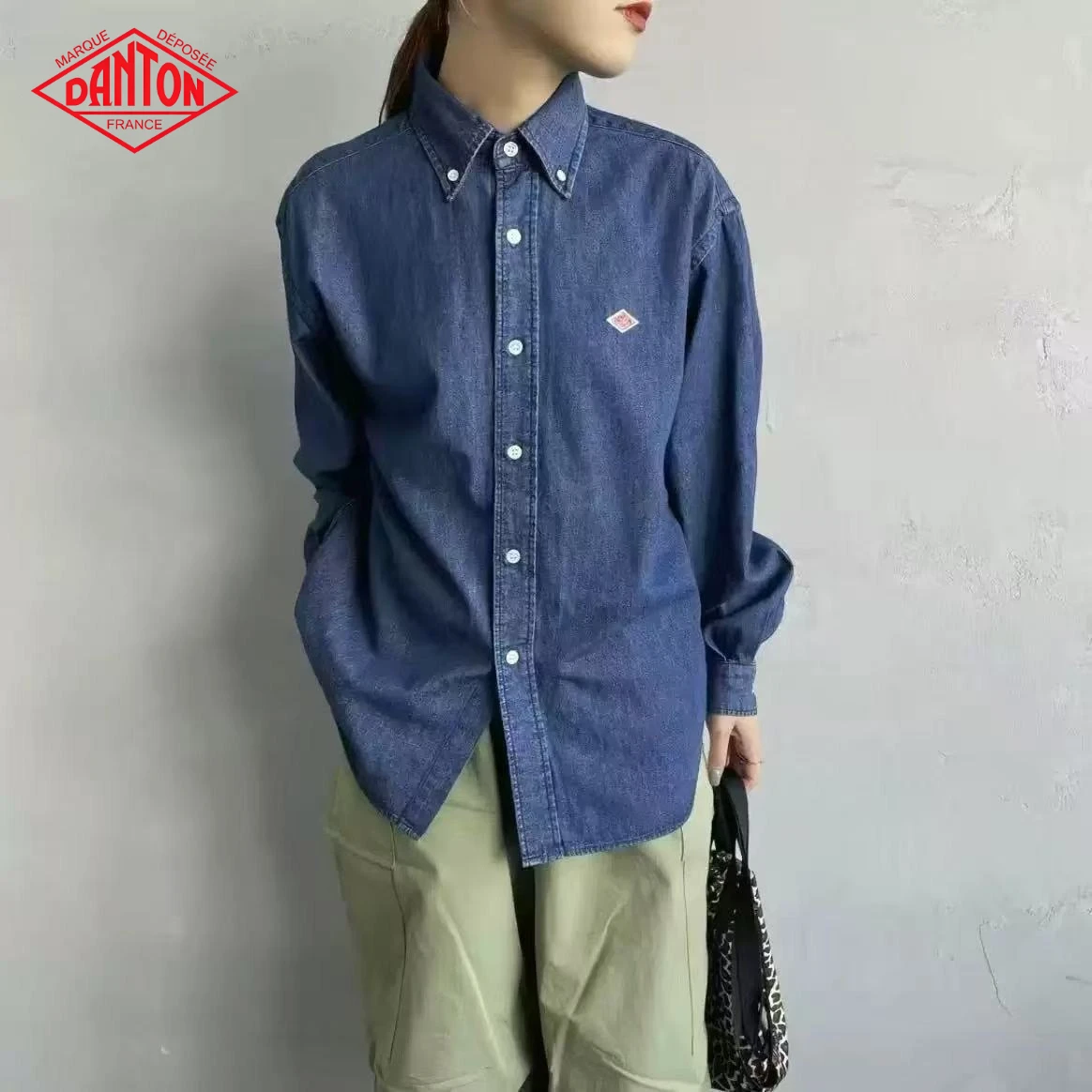 Danton Co-branded 100% Cotton Washed Denim Shirt, Vintage Boyfriend Style Lapel Loose Casual Workwear Blouse Unisex