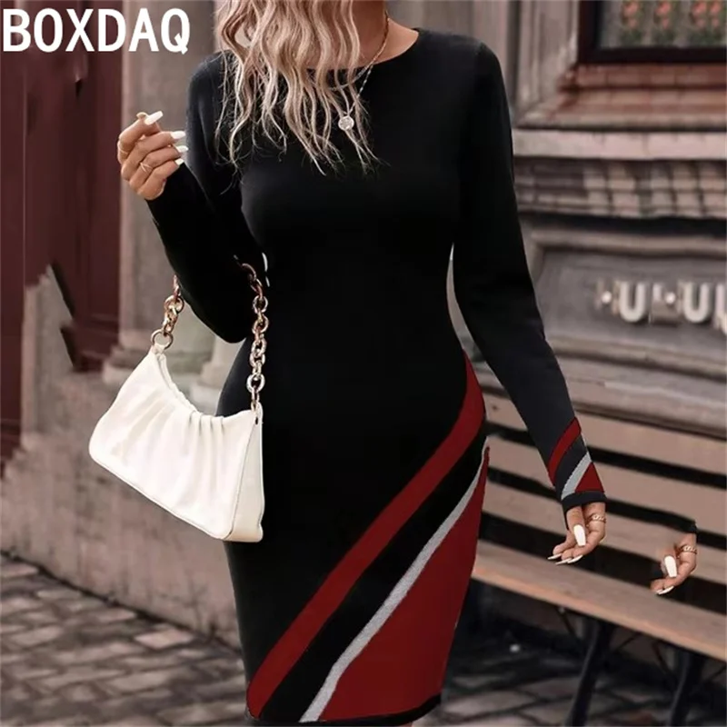 Women Autumn New Long Sleeve O-neck Straight Dress Fashion Striped Print Dress Woman's Simple Versatile Dress Big Size Vestidos