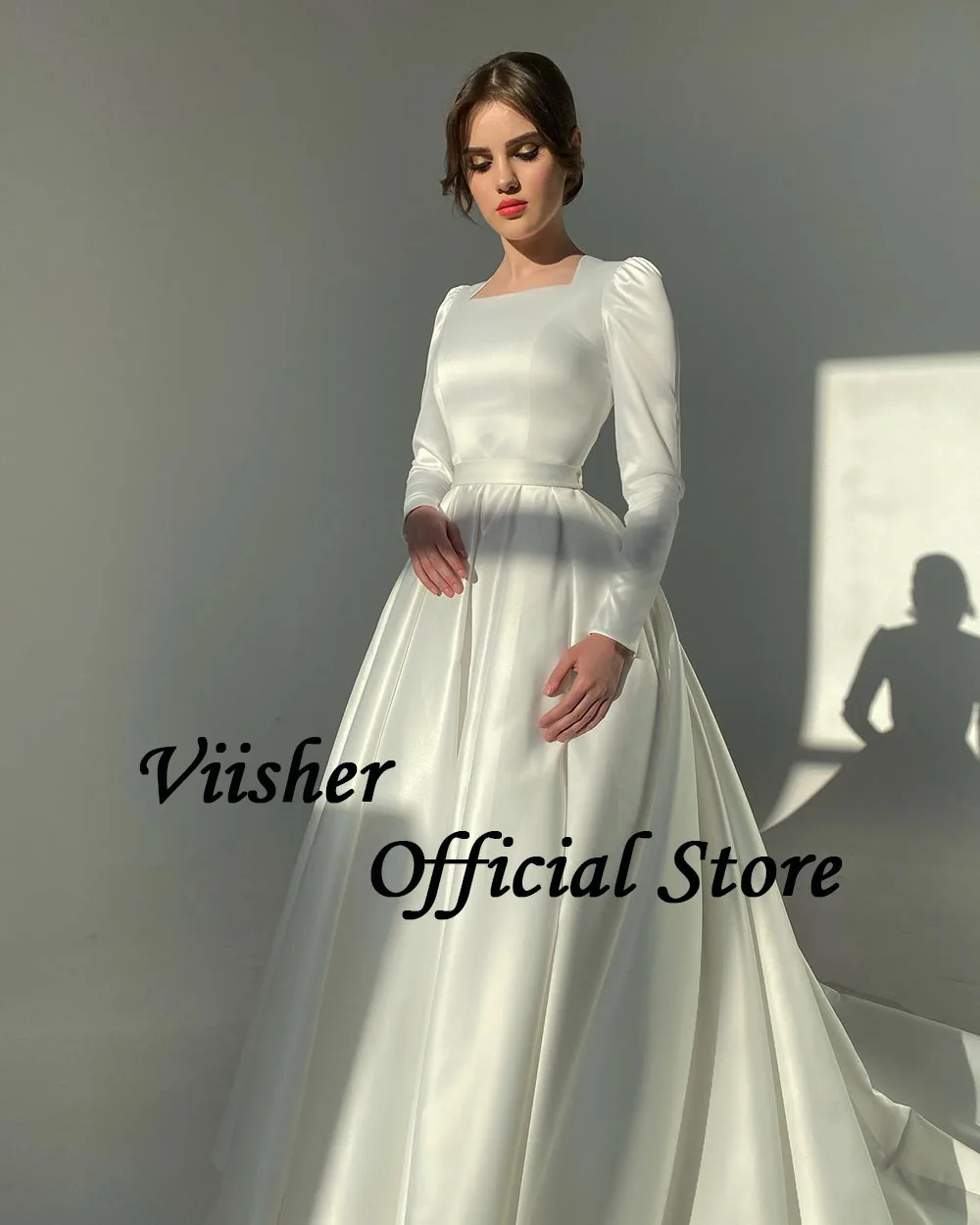 Viisher White Satin A Line Princess Wedding Dresses Long Sleeve Square Neck Elegant Bride Dress Civil Wedding Bridal Gowns