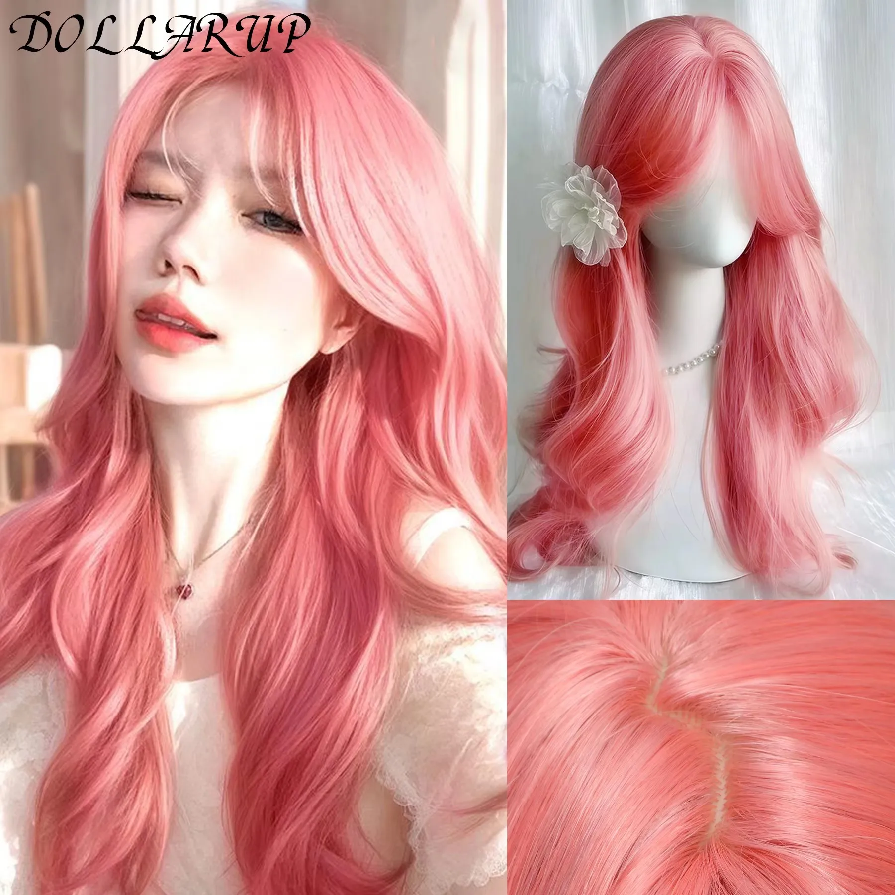 JKL Pink Wig Long Wavy Synthetic Wigs Middle Part Natural Wave Wig Heat Resistant Cosplay Party Daily Hair Wig