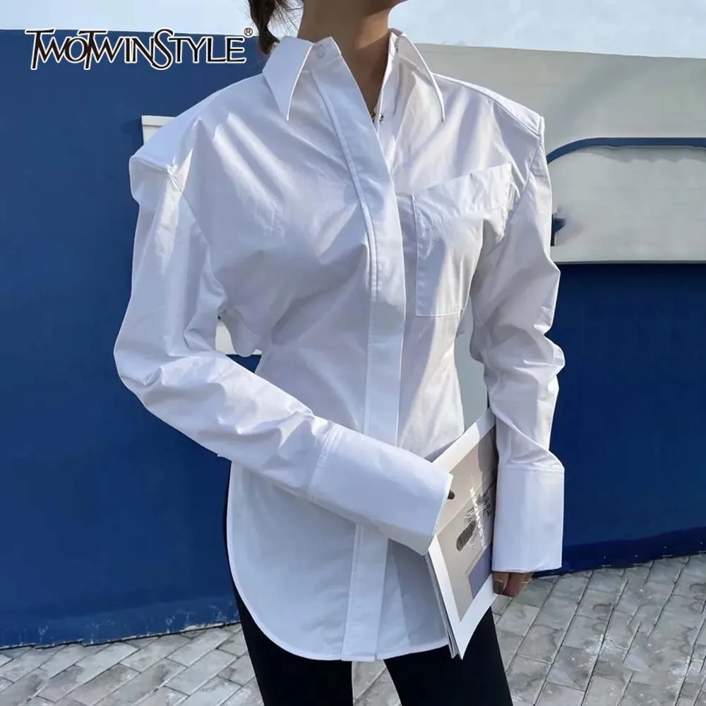 

TWOTWINSTYLE Solid Spliced Lace Up Shirt For Women Lapel Long Sleeve Backless Patchwork Single Breasted Chic Shirts Female Style