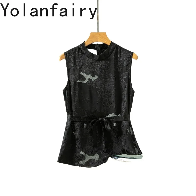 

YOLANFAIRY 100%Real Mulberry Silk Shirts Women O Neck Sleeveless Silk Jacquard Vest Back Zipper Slim Fit Blouse Tops Black Shirt