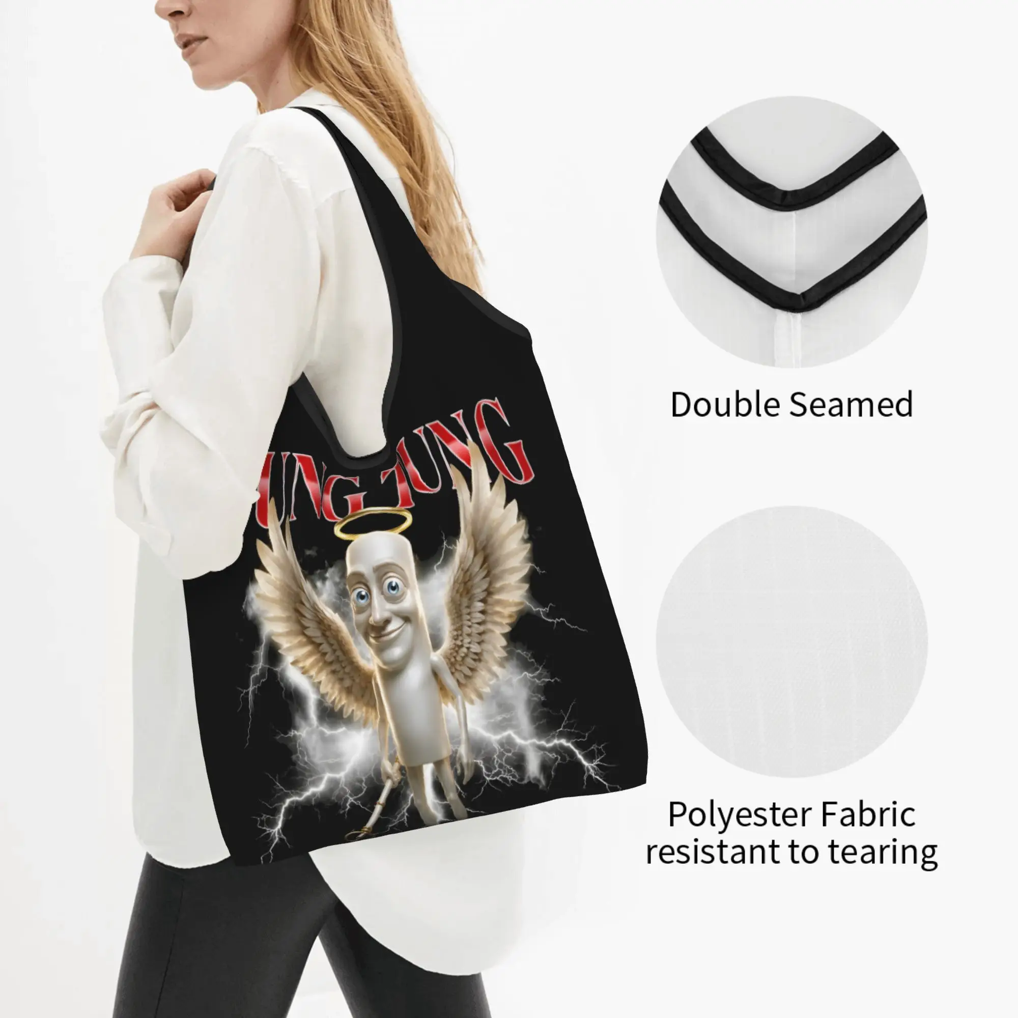 Cute Italian Brainrot Hot Shopping Tote Bags Portable Tung Tung Tung Sahur Funny Groceries Shopper Shoulder Bag