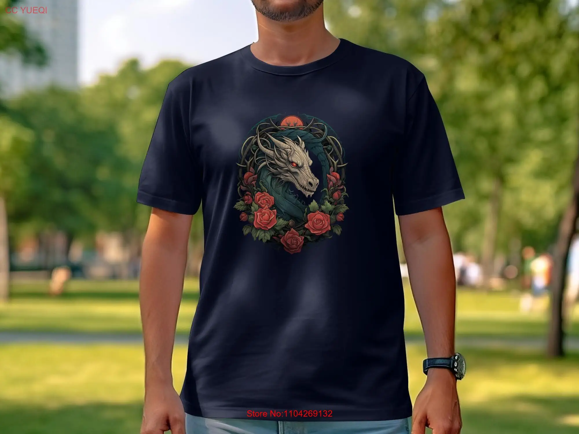 Blue White Dragon in Roses T Shirt Art Nouveau Red Wreath for Him Her Goth vibe long or short sleeves