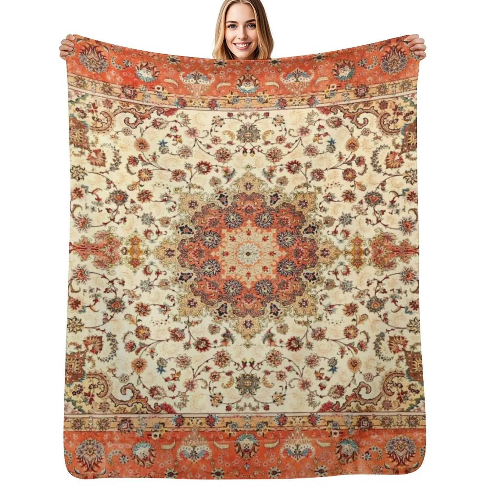 

Orange Traditional Oriental Moroccan Artwork Carpet Style. Throw Blanket Bed linens warm winter Thin Blankets
