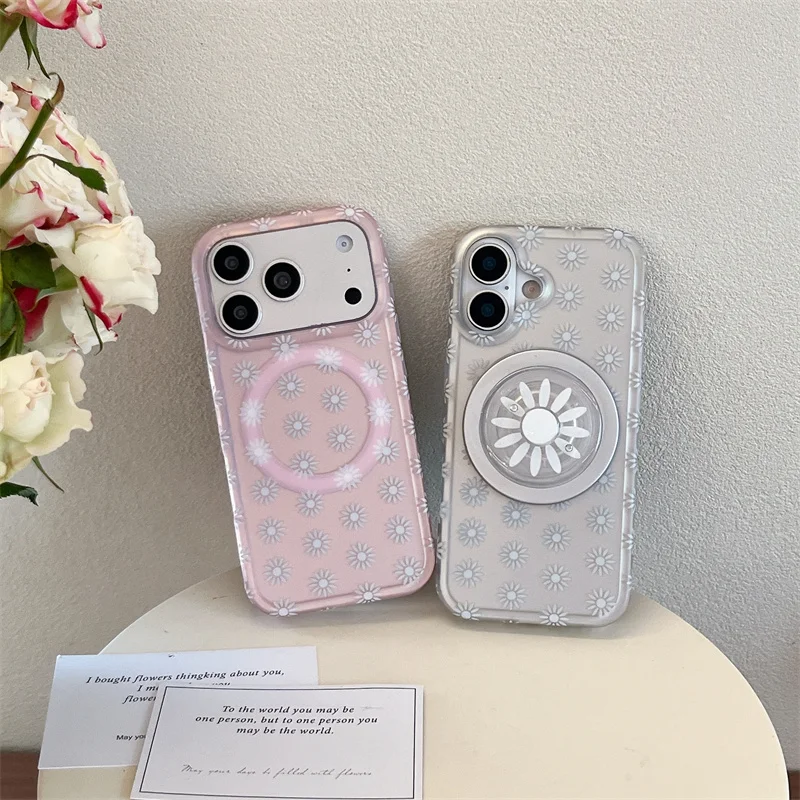 

Fashion iPhone case Daisy Print Magnetic Phone Case With Stand For IPhone 17 16 15 Pro Max Shockproof Protective Cover Floral St