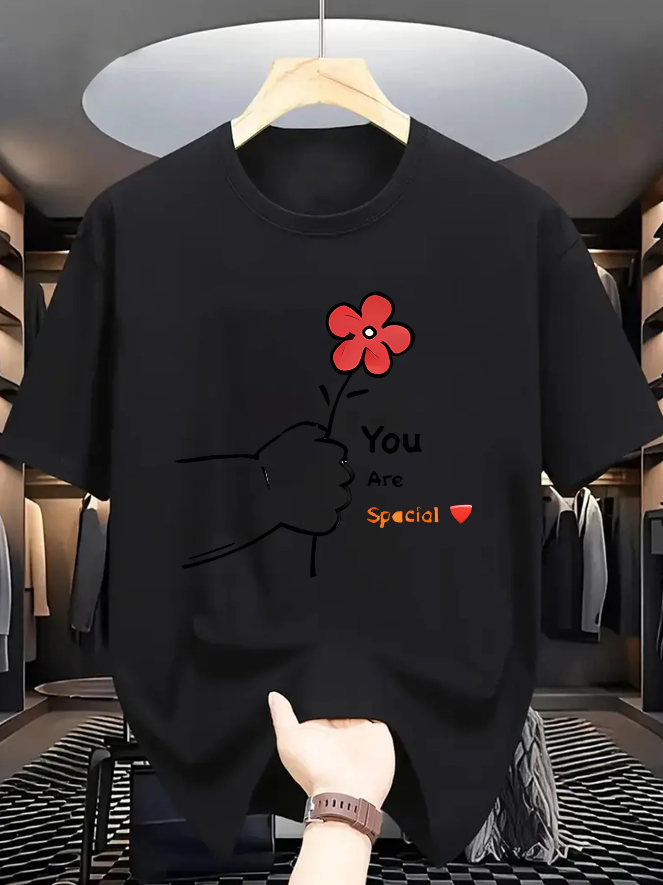 You Are Special Mens Crew Neck T Shirt Hand Holding Red Flower Simple Line Drawing Text Graphic Short Sleeve Casual Street Tops