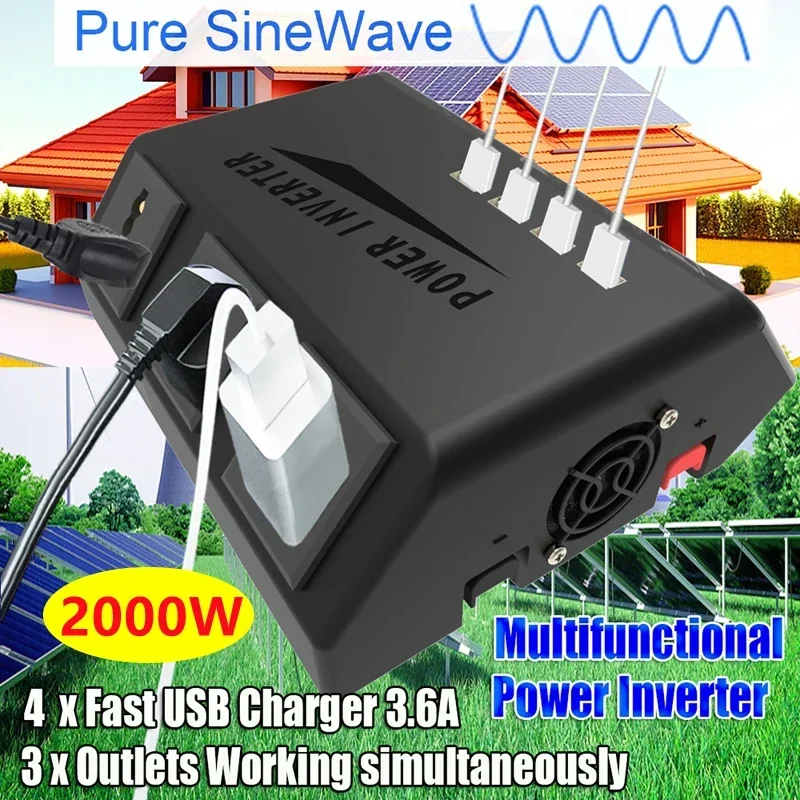 2000W 12V to 110V /220V Touch Screen LCD Dual Battery Mode USB Universal Plug-in Pure Sine Wave Inverter Solar Power