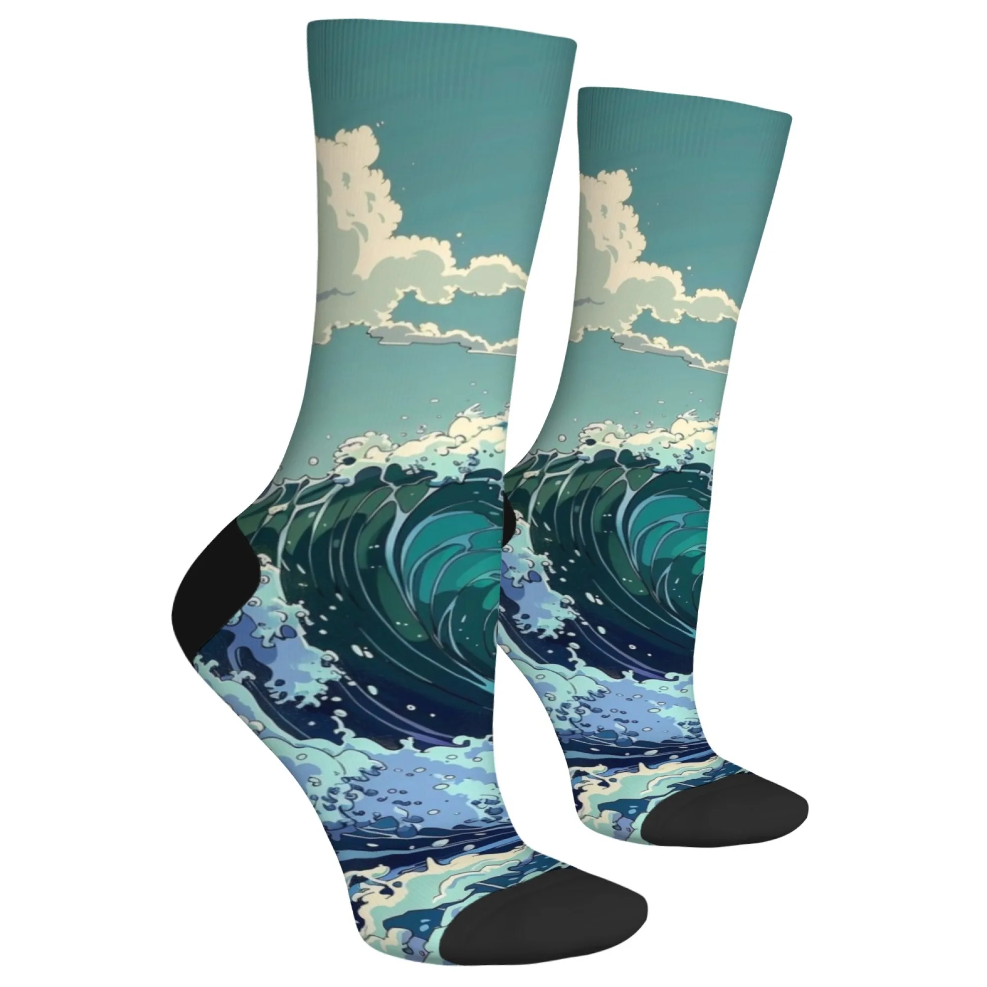 Novelty Harajuku Retro Ocean Wave Print Men's Socks Comfortable Breathable Non-slip Casual Socks Street Hip Hop Crew Socks Gift