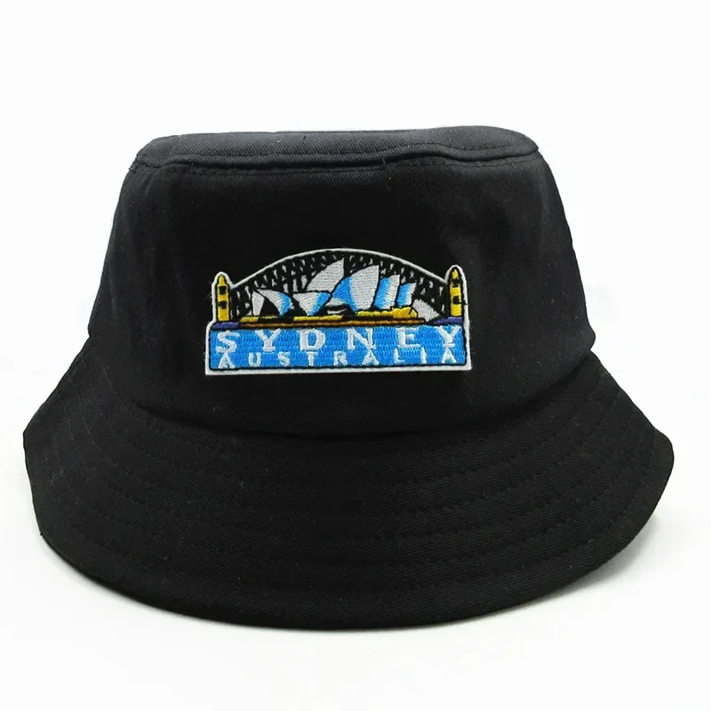 Four Seasons Geometric Building Embroidery Cotton Bucket Hat Fisherman Hat Outdoor Travel Sun Cap Hats for Men and Women 388