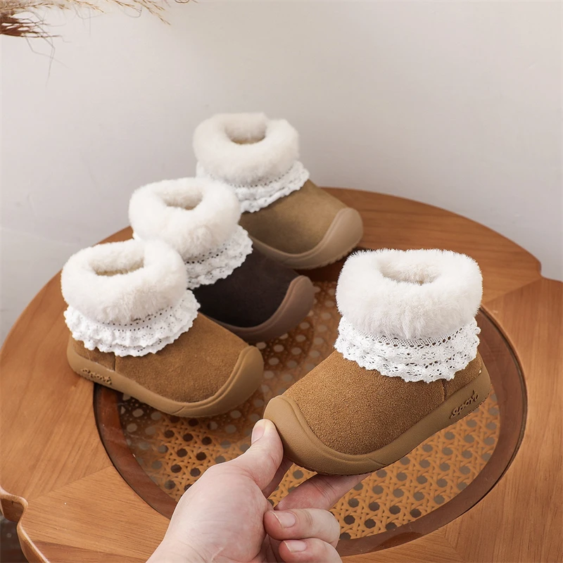 

Осенне-зимние зимние сапоги из натуральной кожи для маленьких девочек и мальчиков, кружевные уличные детские плюшевые ботинки, нескользящая детская обувь на мягкой подошве для малышей