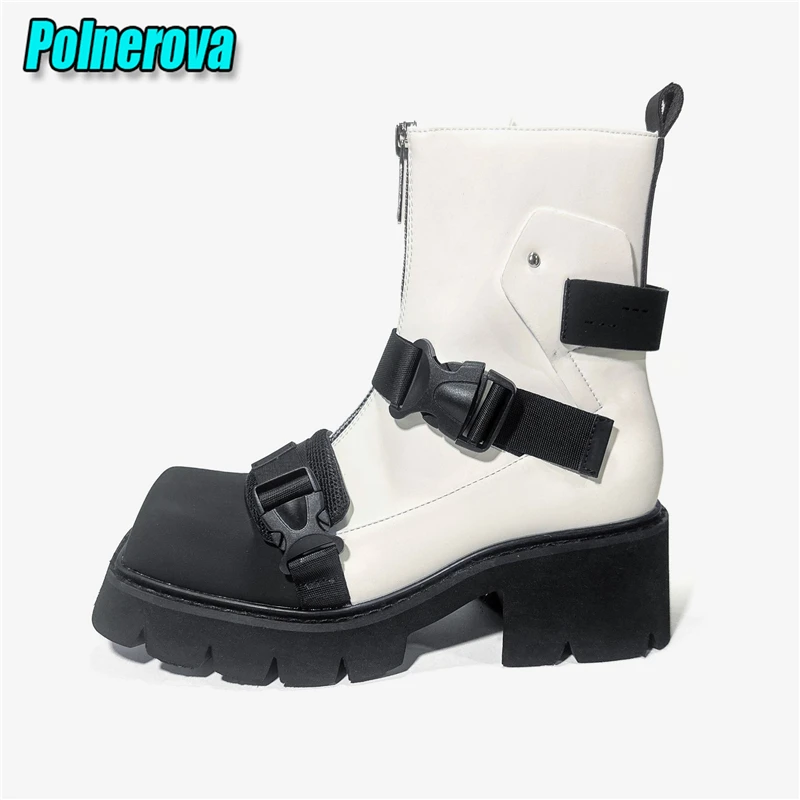 

Square Toe Thick Soled Motorcycle Boots Black White Mixed Colors Platform Zipper Ankle Boots Autumn Winter New Women Shoes