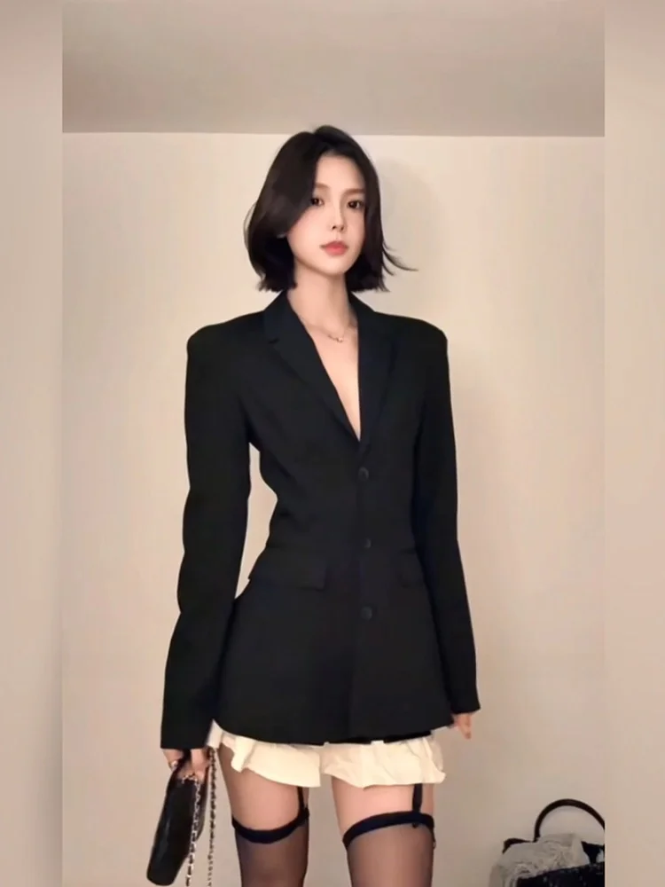 

Syj Shuyijia Elegant V-Neck Suit Jacket Women's plus Size Black Slimming Top Korean Style Commute High Waist Long Sleeve
