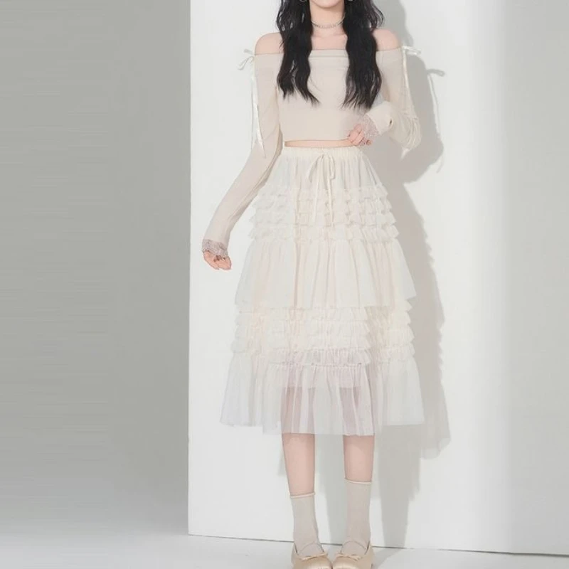 

Fungus Elastic Waist Skirt Women's 2026 Spring and Summer New Sweet A-shaped Skirt Medium and Long Skirt