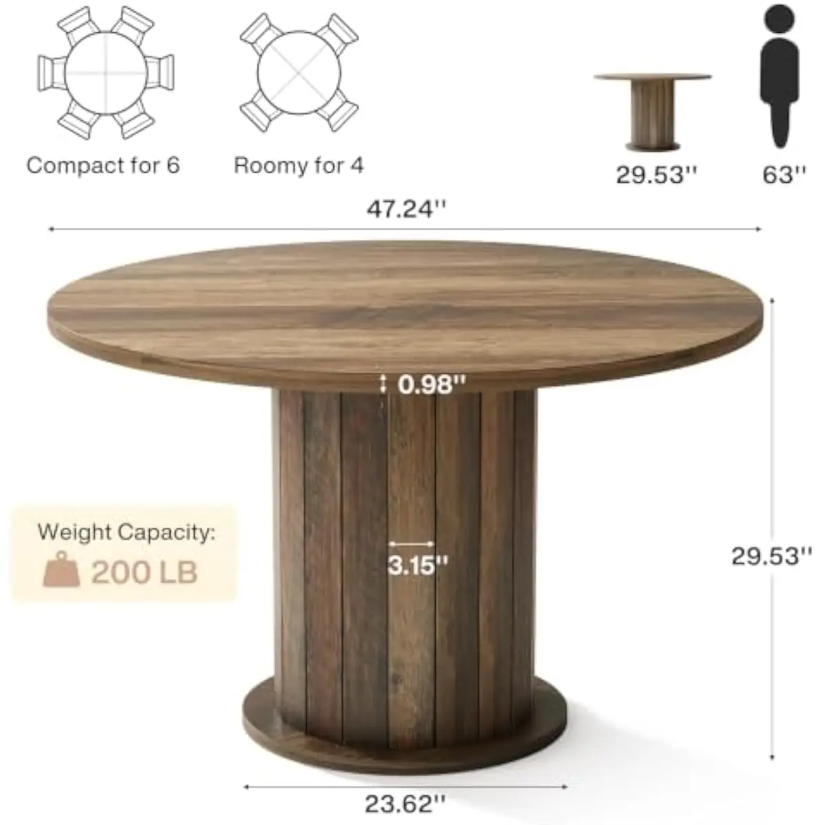 47.24 inch round conference table with vertical slat pedestal base for 4 to 6 people • 29.53 inch height • engineered wood const
