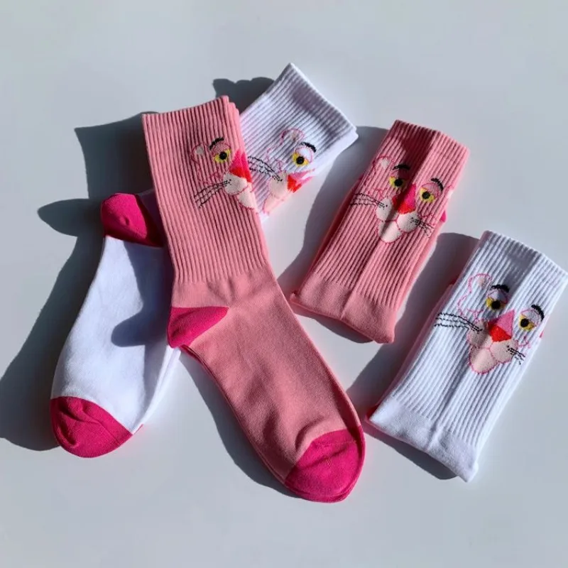 Panthère rose femmes coton chaussettes mignon respirant Harajuku chaussettes japonais coréen dessin animé broderie fille bas décontractés cadeaux