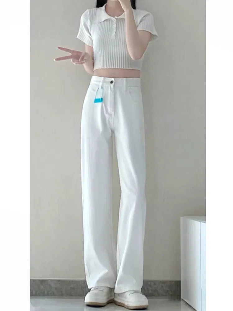 High Waist Wide Leg Straight Cut Jeans Women's Loose Fit White Denim Pants Spring Autumn New Style plus Size Drapey Floor-Length