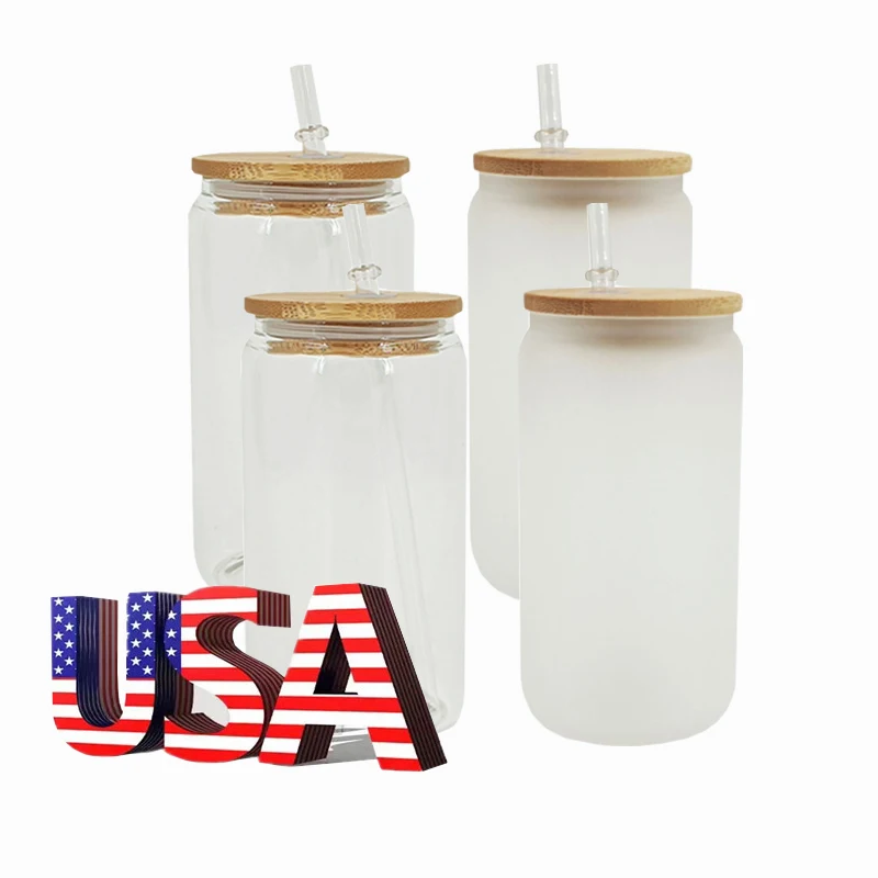 12/25/50pack USA Warehouse bulk wholesale 16oz Clear frosted Glass can Straight Sublimation Tumbler with lid and straw