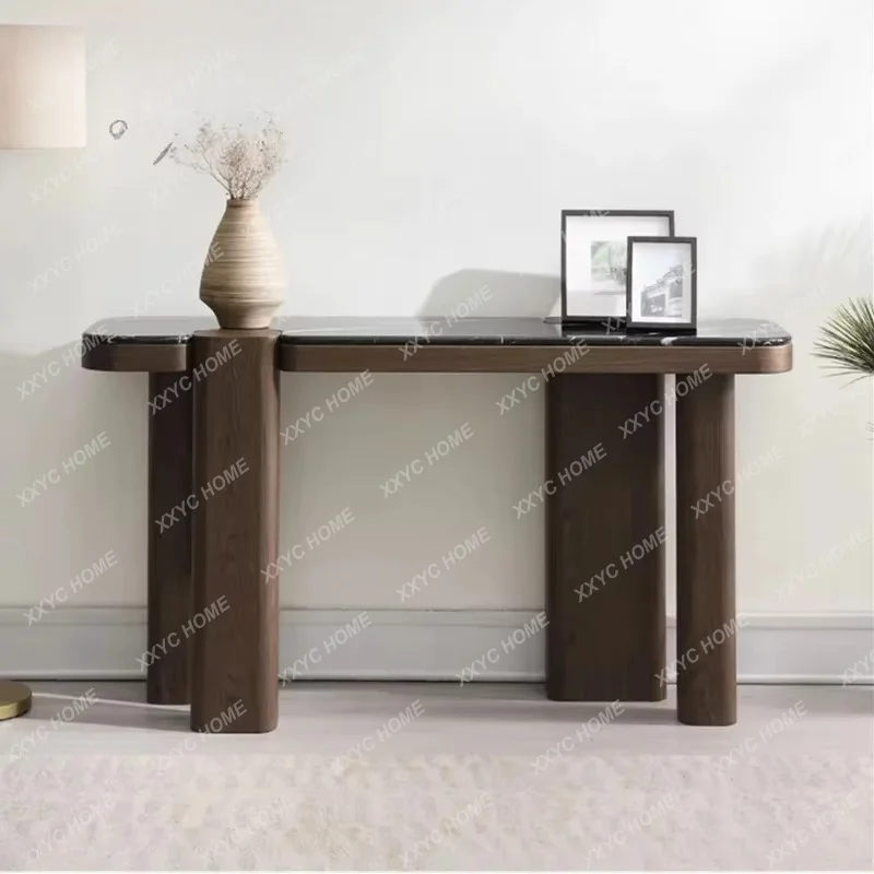 HJ Nordic Light Luxury Solid Wood Entrance Table Nordic Minimalist Marble Countertop Foyer Cabinet Modern Simple Solid Wood F