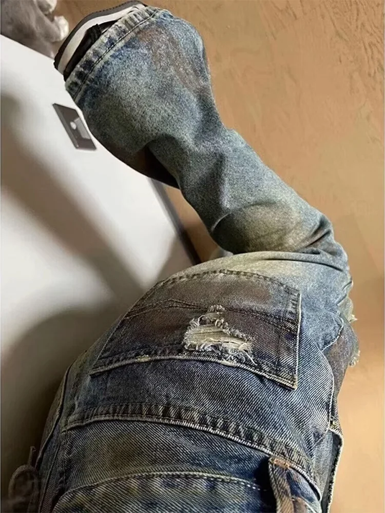 

Retro American Deserted Sle Men's Jeans Faded Waed Cuffed Hole Punching High Waist Cool Trendy Straight Leg Jeans