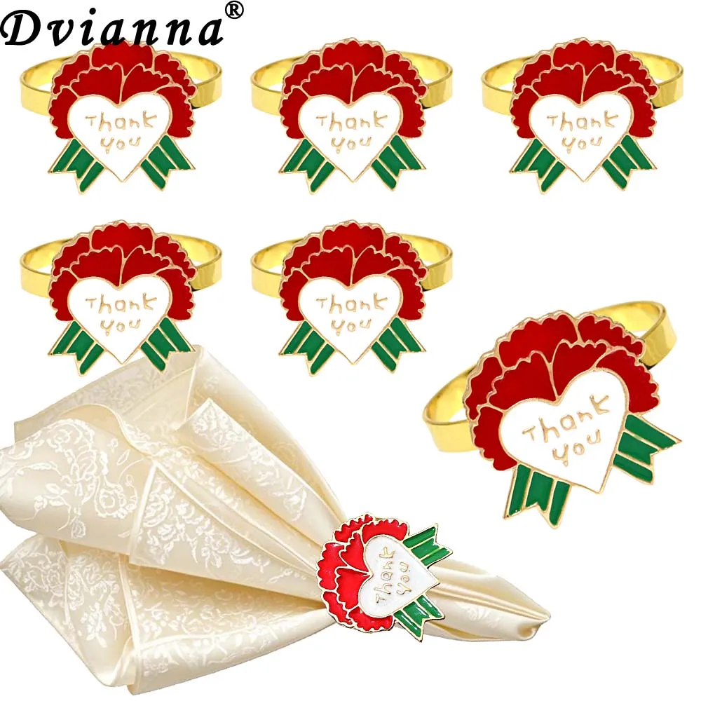 Dvianna 6Pcs Carnation Napkin Rings Thank You Heart Metal Napkin Holder Mother's Day Table Decor