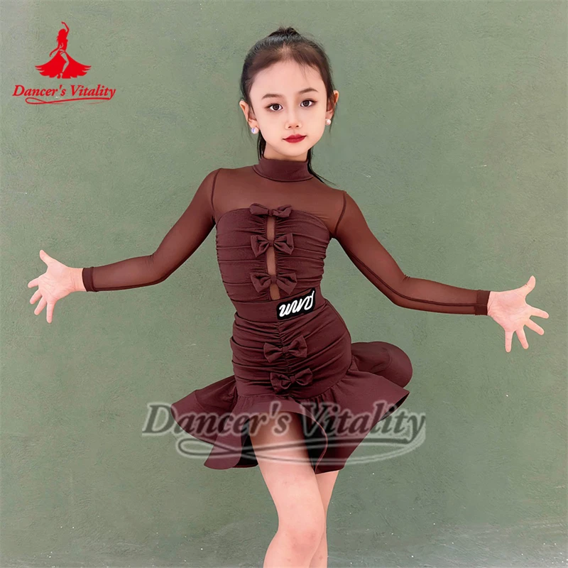 Tieners Latin Dance Hooggesloten Lange Mouwen Strik Decoratie Bodysuit + Visgraat Rok Sets Danser Vitaliteit Chacha Kleding