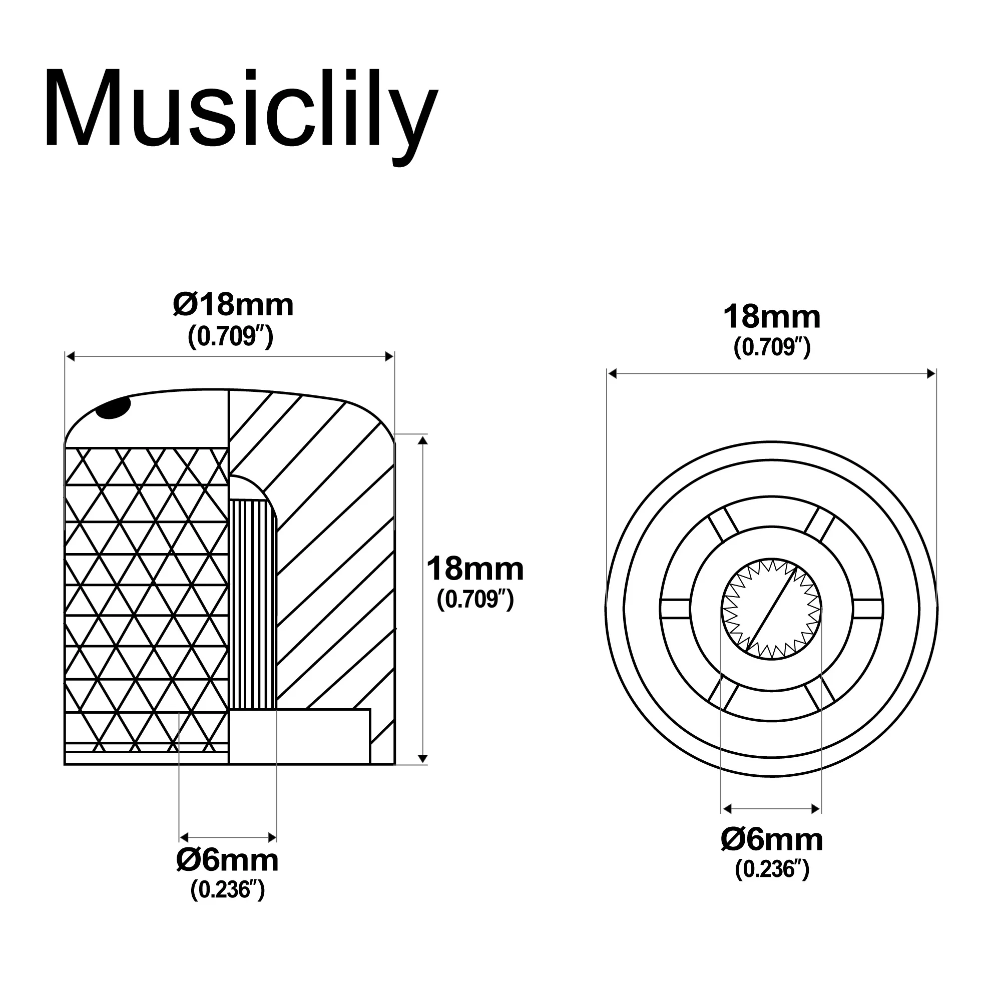 Musiclily Pro Fine 24 Splines Steel Dome Push-on Control Knob 18mm with Indicator Dot for USA Made Guitar Bass (Set of 2)
