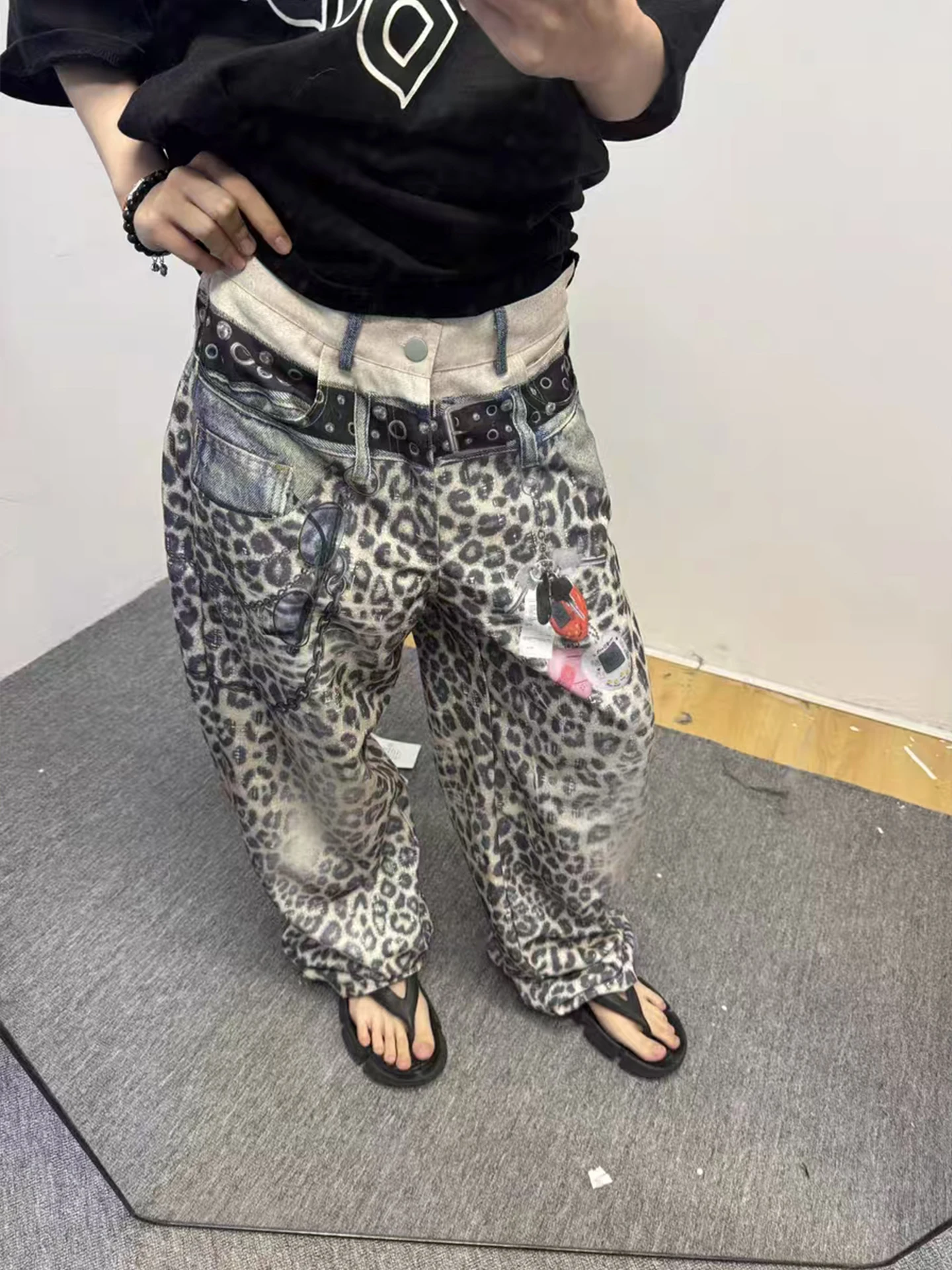 

Американские ретро-джинсы с двойным поясом и 3D-принтом леопардового узора, свободные повседневные широкие брюки для мужчин и женщин
