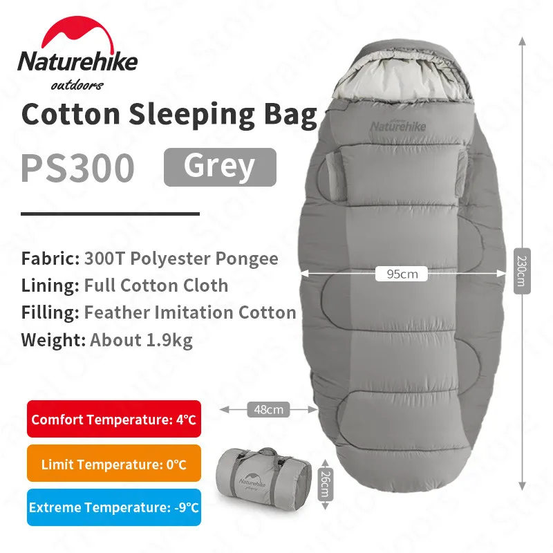 Naturehike P200/P300 Cotton Sleeping Bag Can Reach Out 300T Polyester Pongee Warm Outdoor Camping Fall Winter Comfort Quilt