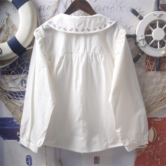 Japanese Sle Loose Cotton Long Sve Embroidered Flower Doll Collar irt Fre Soft Girl Forest Girl Wind Top for Girls