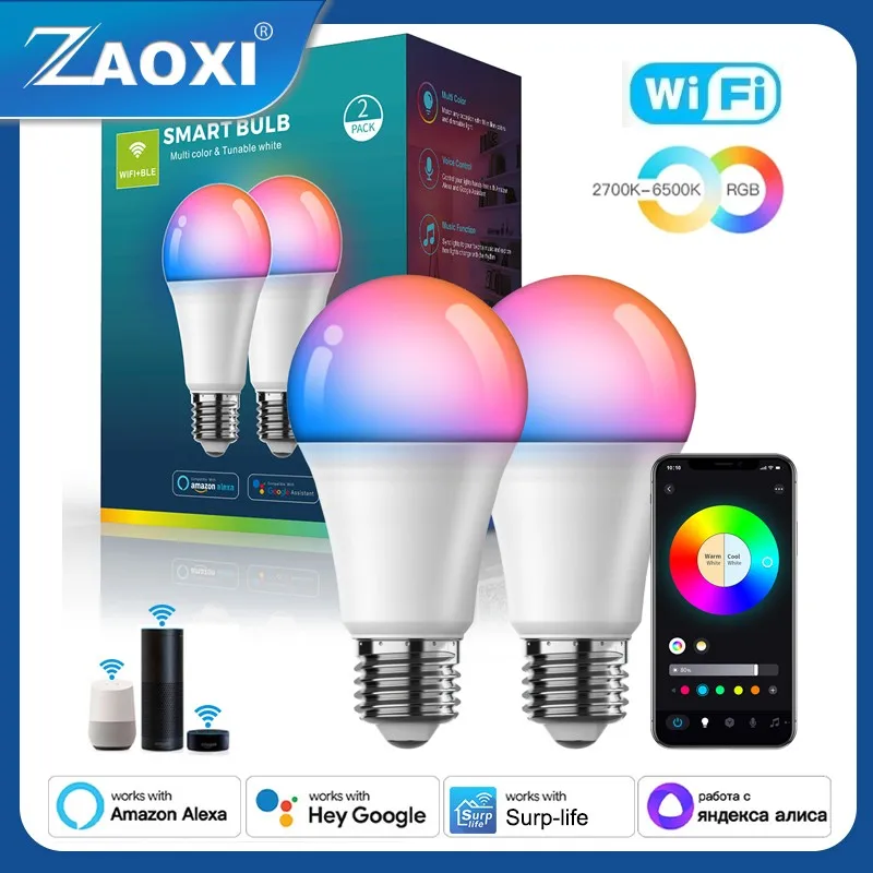 

ZAOXI 10W 2PCS Smart WiFi Bluetooth Remote Control RGB Bulb Google Home Alexa Assistant Dimmable 2700K~6500K LED Light Bulbs